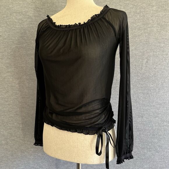 Bebe Y2K Witchy Sheer Black Ruffled Top XS Mesh Whimsigoth Dark Romantic Grunge - Picture 13 of 13